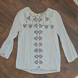 Lucky Brand Embroidered White Blouse with Blue and Orange Accents